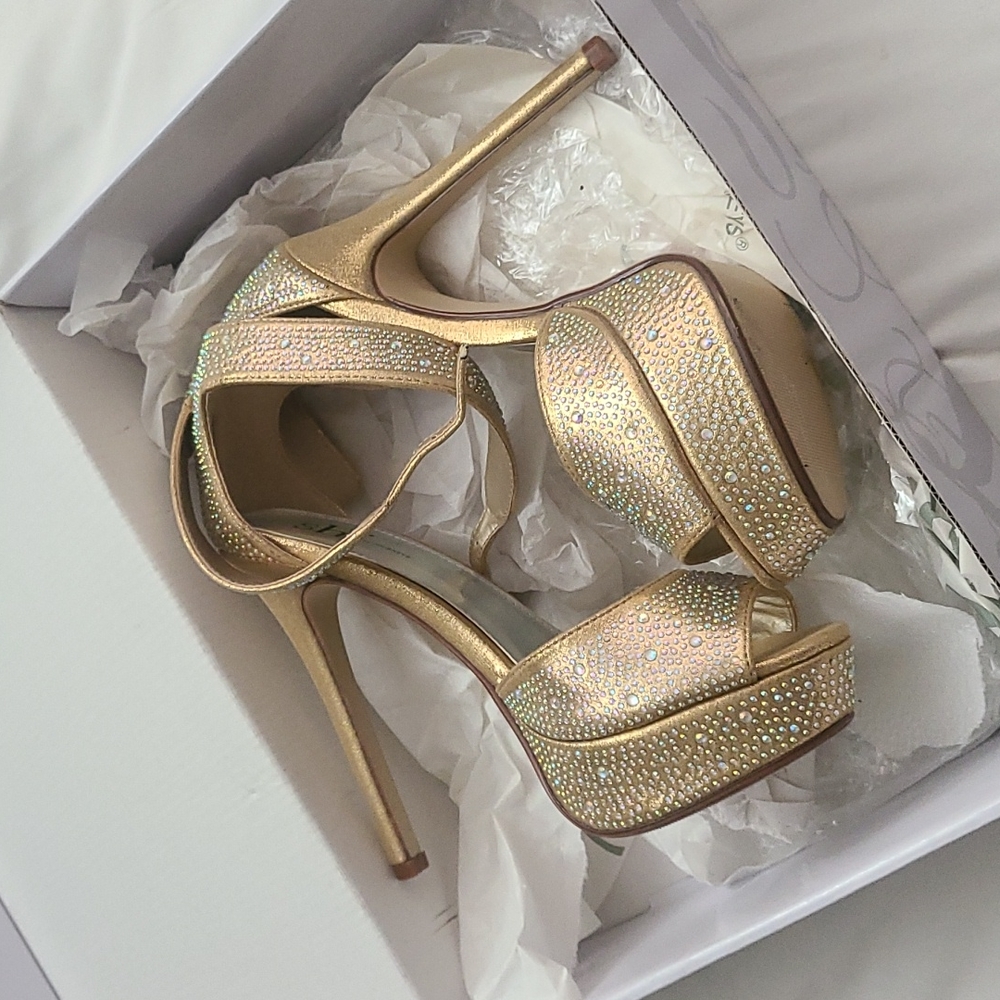 shi Journeys Gala Gold Rhinestone Platforn High Heels Stilettos EUC